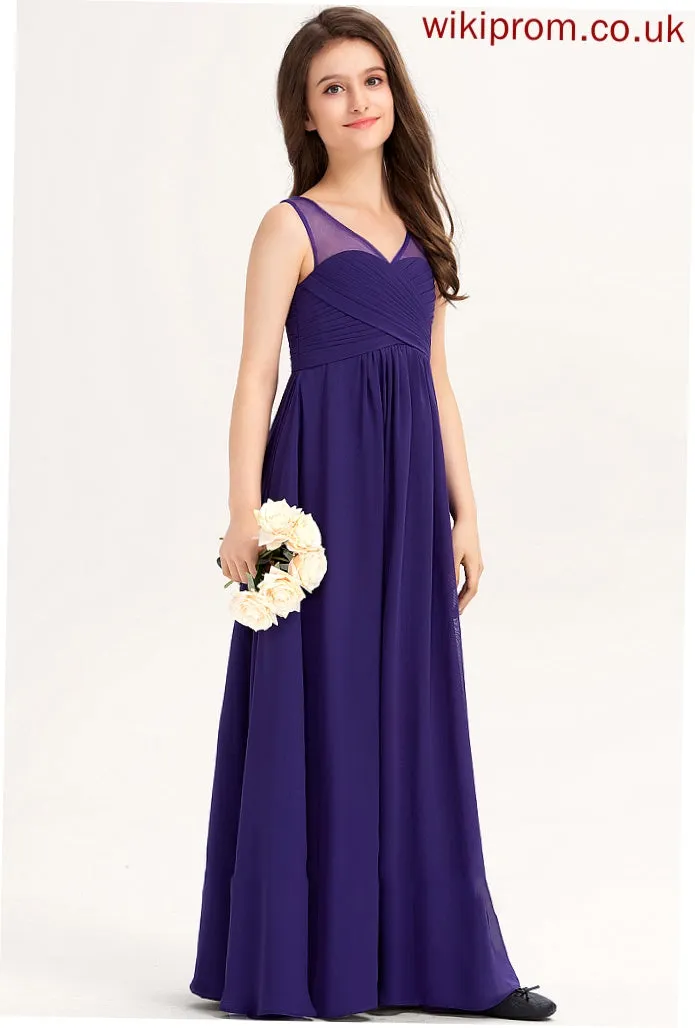 A-Line Ruffle With Harmony Chiffon Junior Bridesmaid Dresses V-neck Floor-Length