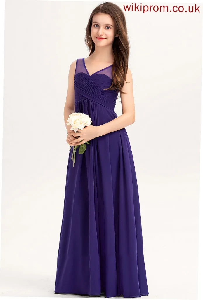 A-Line Ruffle With Harmony Chiffon Junior Bridesmaid Dresses V-neck Floor-Length