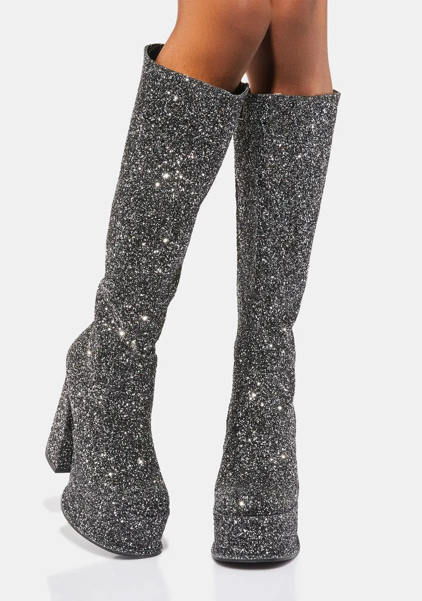 Black Glitter Kia Knee High Boots
