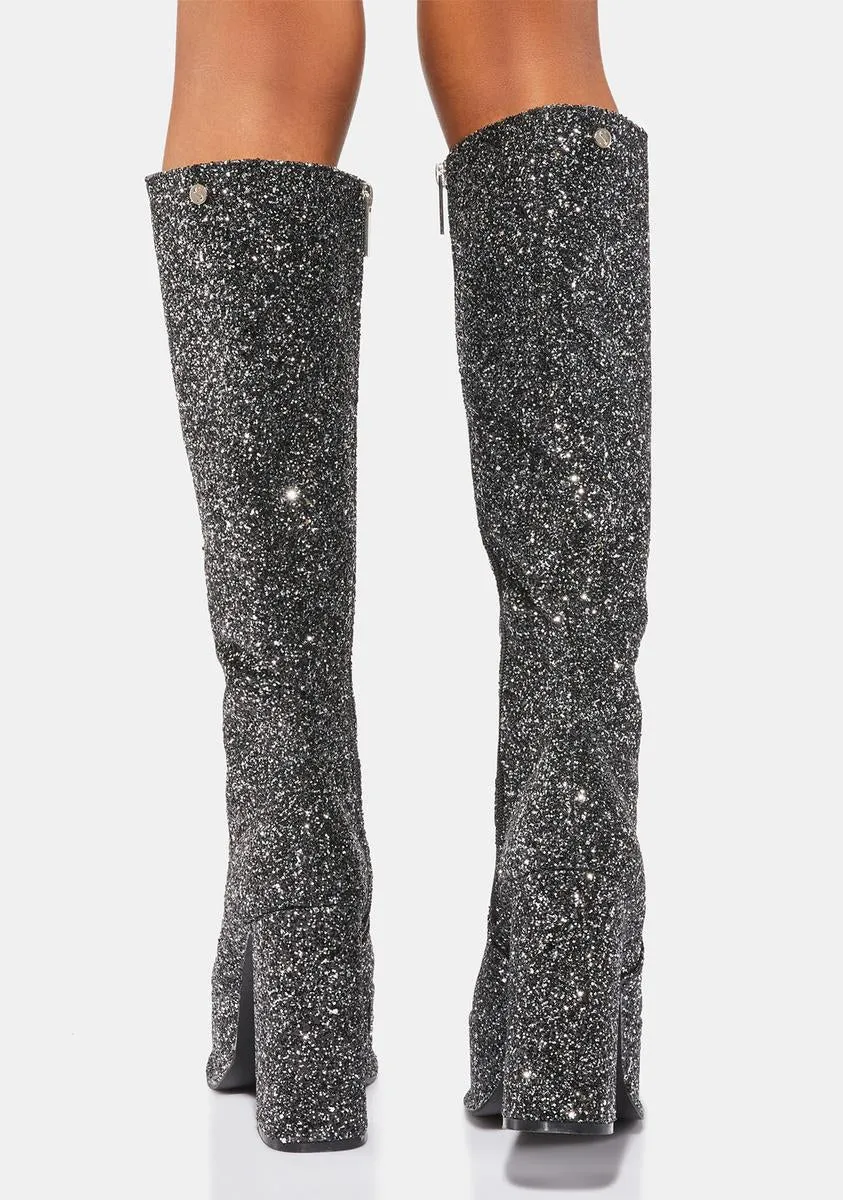 Black Glitter Kia Knee High Boots