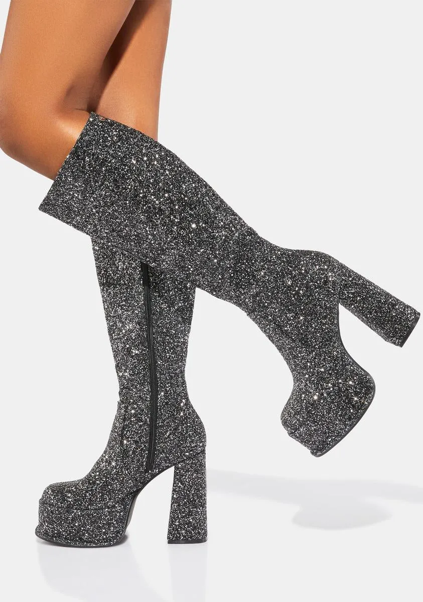 Black Glitter Kia Knee High Boots