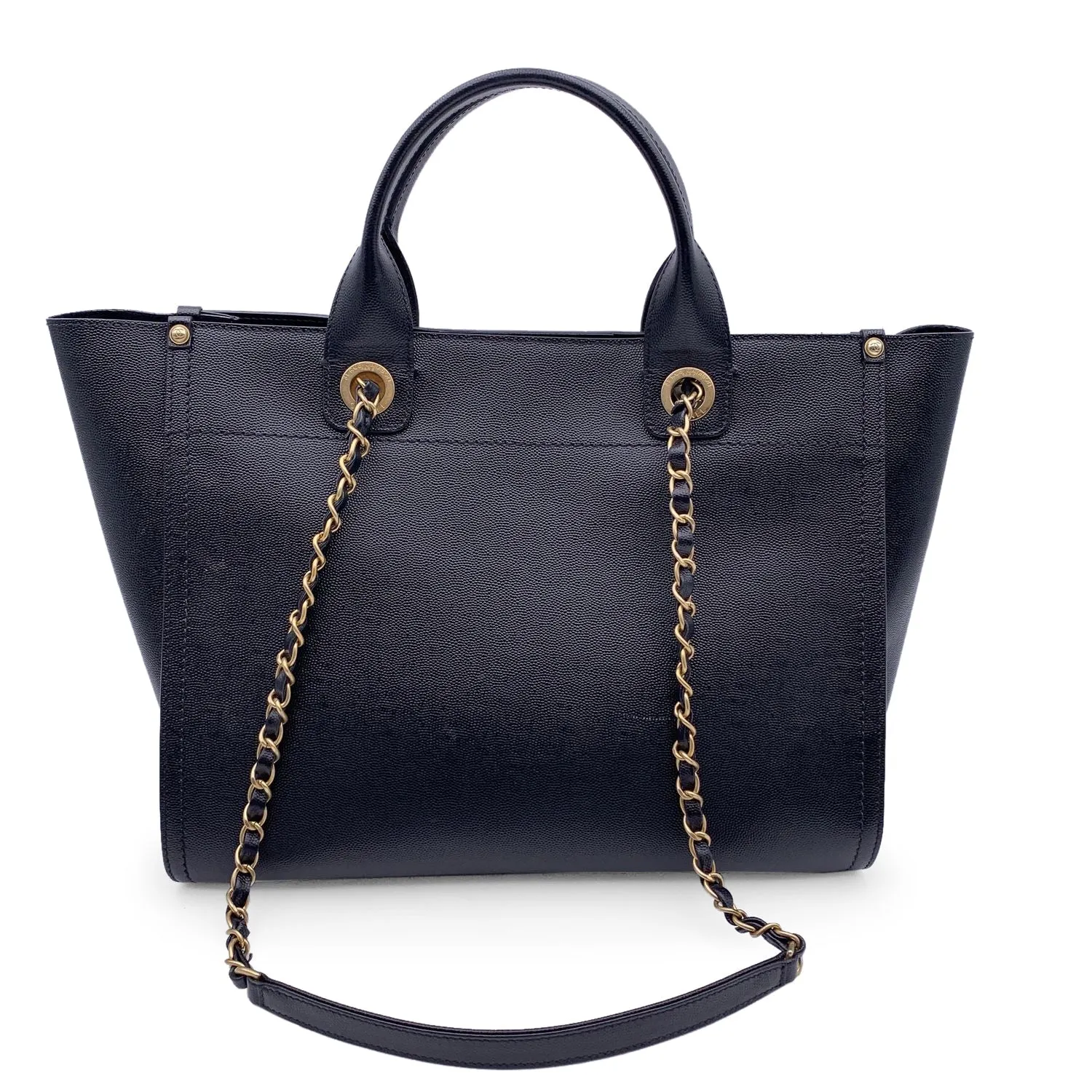 CHANEL Black Caviar Leather Studded Deauville Tote Shoulder Bag