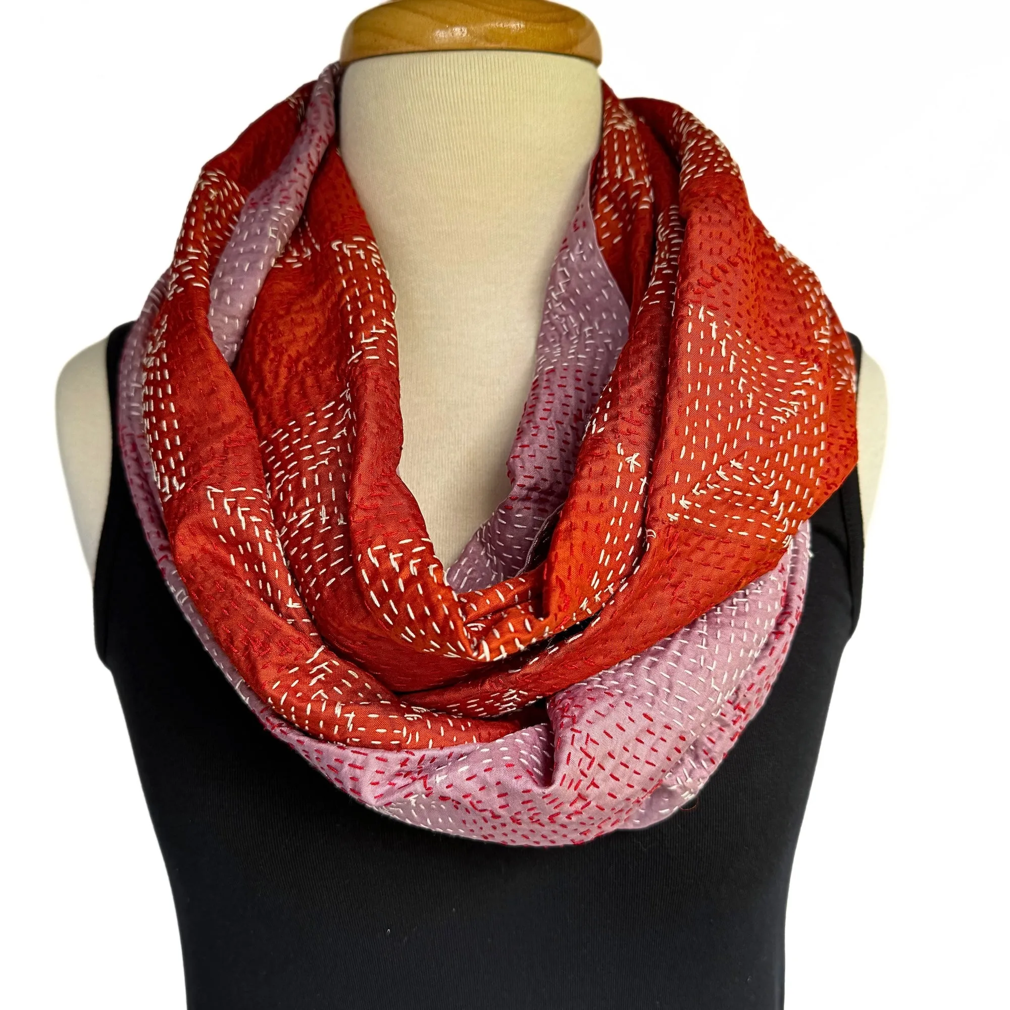 Dusty pink and terracotta silk kantha scarf