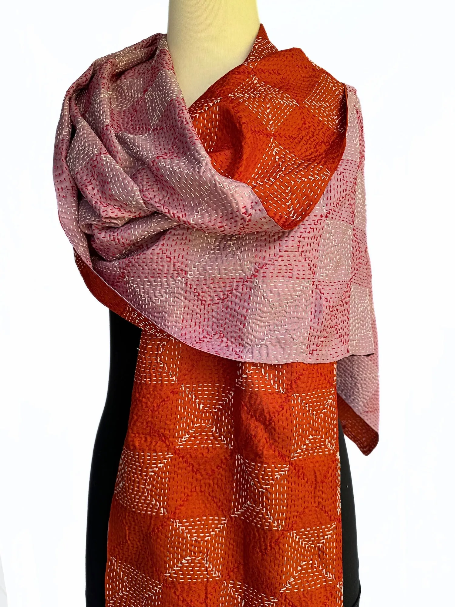 Dusty pink and terracotta silk kantha scarf