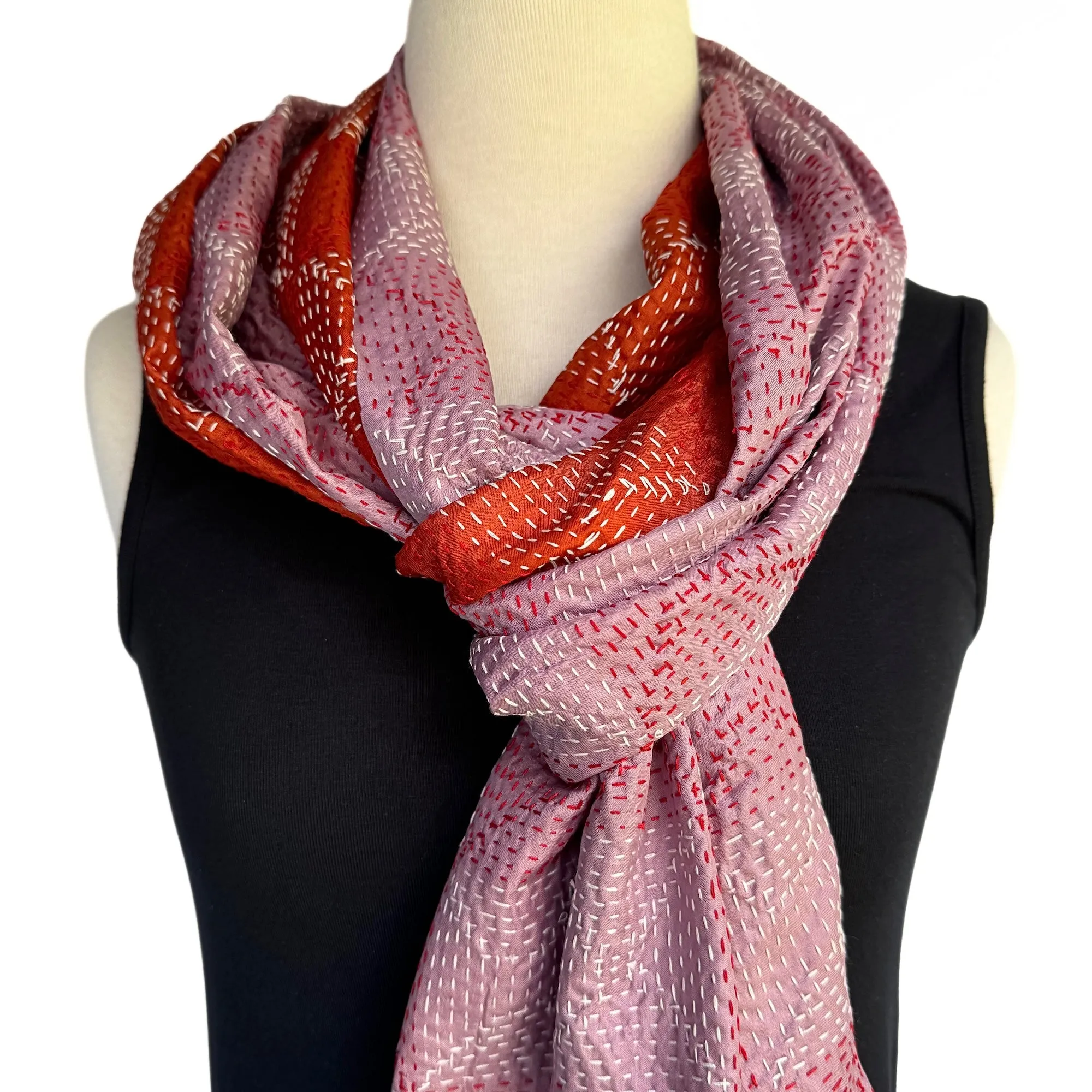 Dusty pink and terracotta silk kantha scarf