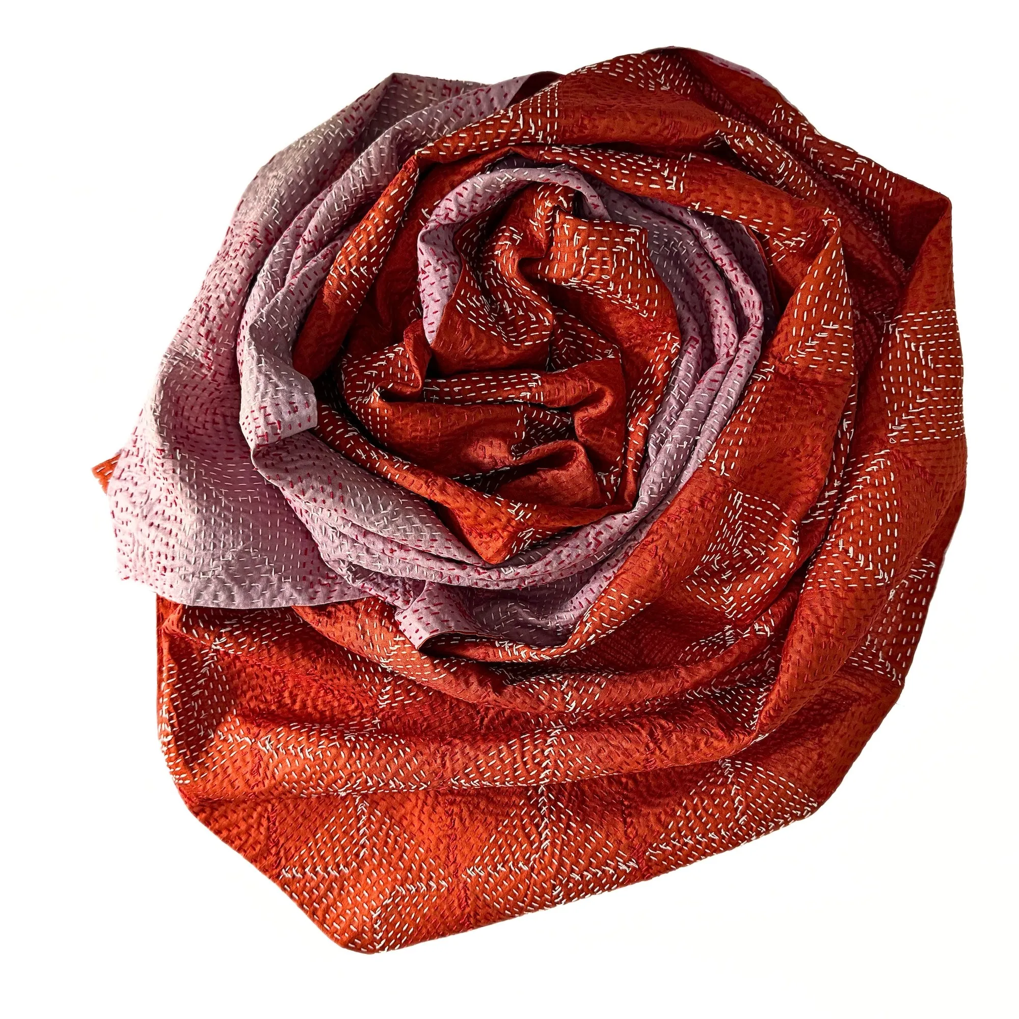 Dusty pink and terracotta silk kantha scarf