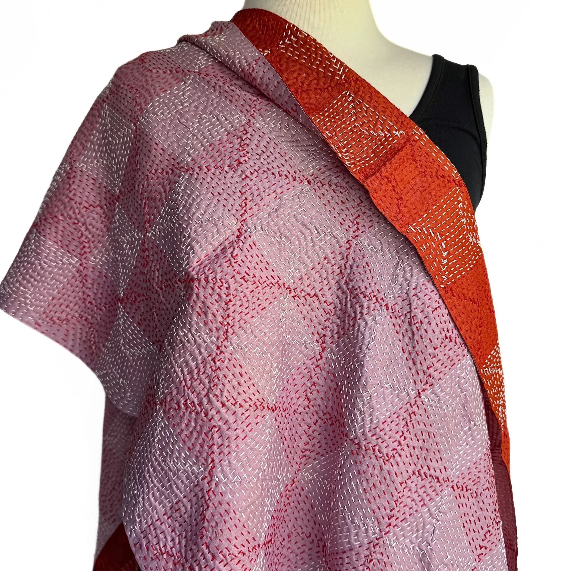 Dusty pink and terracotta silk kantha scarf