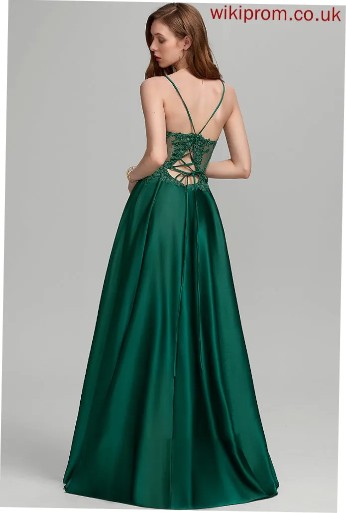 Floor-Length Prom Dresses V-neck Split Satin Front Arabella With A-Line