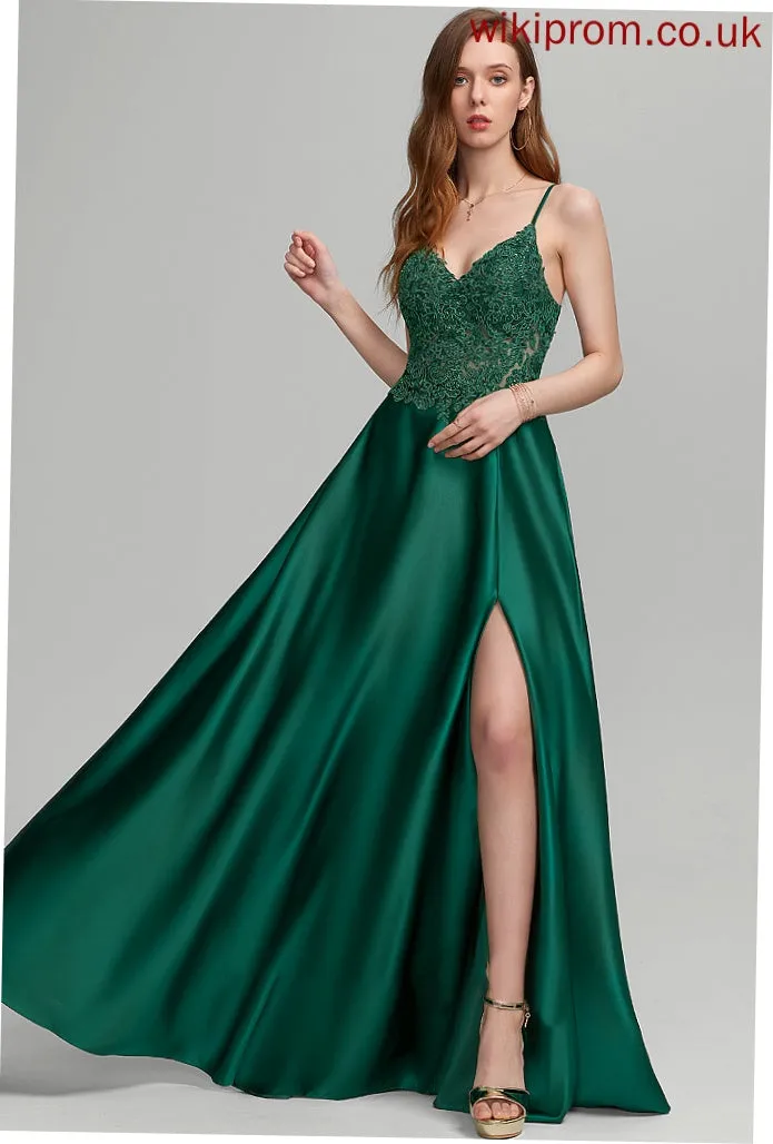 Floor-Length Prom Dresses V-neck Split Satin Front Arabella With A-Line
