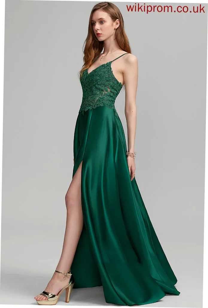 Floor-Length Prom Dresses V-neck Split Satin Front Arabella With A-Line