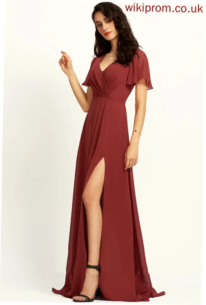 Floor-Length Silhouette Length SplitFront Fabric Neckline Embellishment V-neck A-Line Logan Bridesmaid Dresses