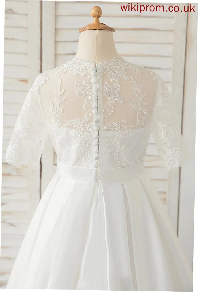 Floor-length Sleeves - Flower Girl Dresses 1/2 Neck Satin/Lace Flower Dress Lauren A-Line Girl Scoop