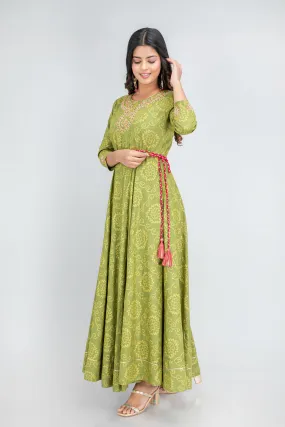 Hand Embellished Bandhej Printed Floor-Length Dress