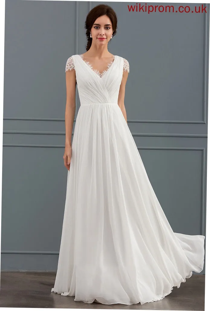Lace Ruffle Dress Wedding Dresses Joanna Floor-Length Chiffon V-neck A-Line Wedding With