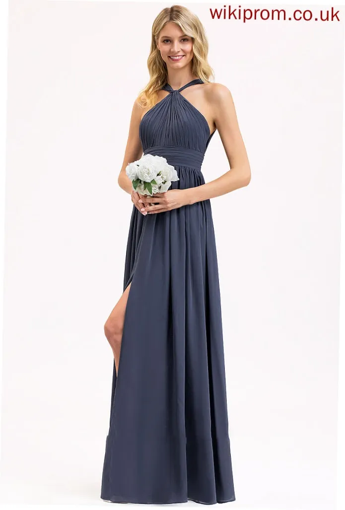 Length Embellishment V-neck Neckline Silhouette SplitFront Ruffle A-Line Floor-Length Fabric Elsa Spaghetti Staps Bridesmaid Dresses