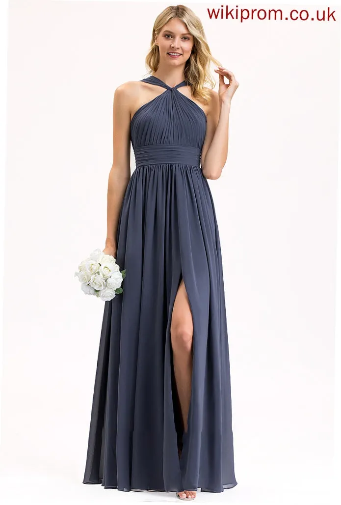 Length Embellishment V-neck Neckline Silhouette SplitFront Ruffle A-Line Floor-Length Fabric Elsa Spaghetti Staps Bridesmaid Dresses