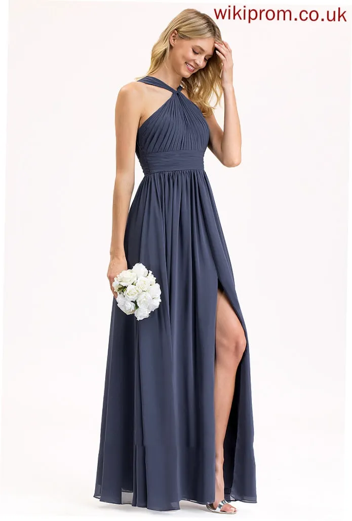 Length Embellishment V-neck Neckline Silhouette SplitFront Ruffle A-Line Floor-Length Fabric Elsa Spaghetti Staps Bridesmaid Dresses