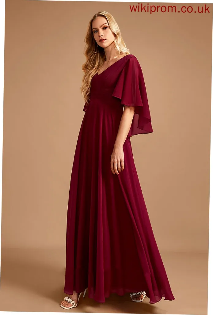 Length Fabric Silhouette Ruffle Neckline V-neck Embellishment A-Line Floor-Length Hazel Bridesmaid Dresses