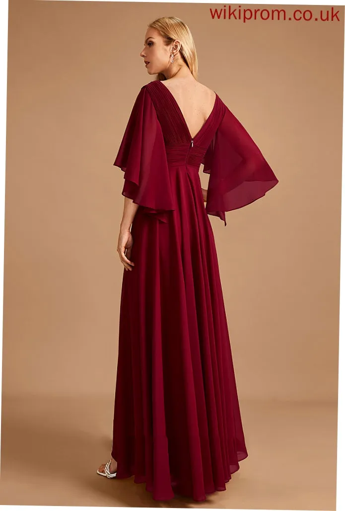 Length Fabric Silhouette Ruffle Neckline V-neck Embellishment A-Line Floor-Length Hazel Bridesmaid Dresses
