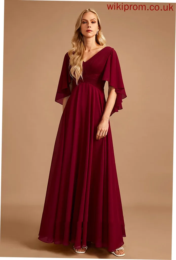 Length Fabric Silhouette Ruffle Neckline V-neck Embellishment A-Line Floor-Length Hazel Bridesmaid Dresses