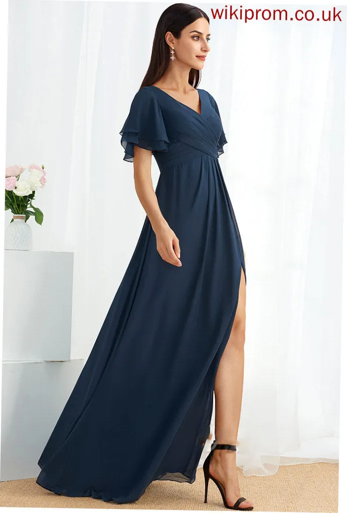 Length Silhouette Embellishment A-Line Floor-Length Fabric V-neck SplitFront Neckline Marian Natural Waist Sleeveless Bridesmaid Dresses