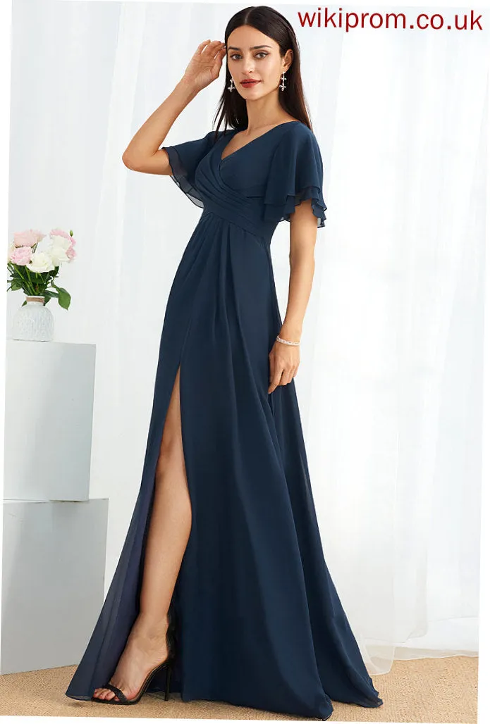 Length Silhouette Embellishment A-Line Floor-Length Fabric V-neck SplitFront Neckline Marian Natural Waist Sleeveless Bridesmaid Dresses