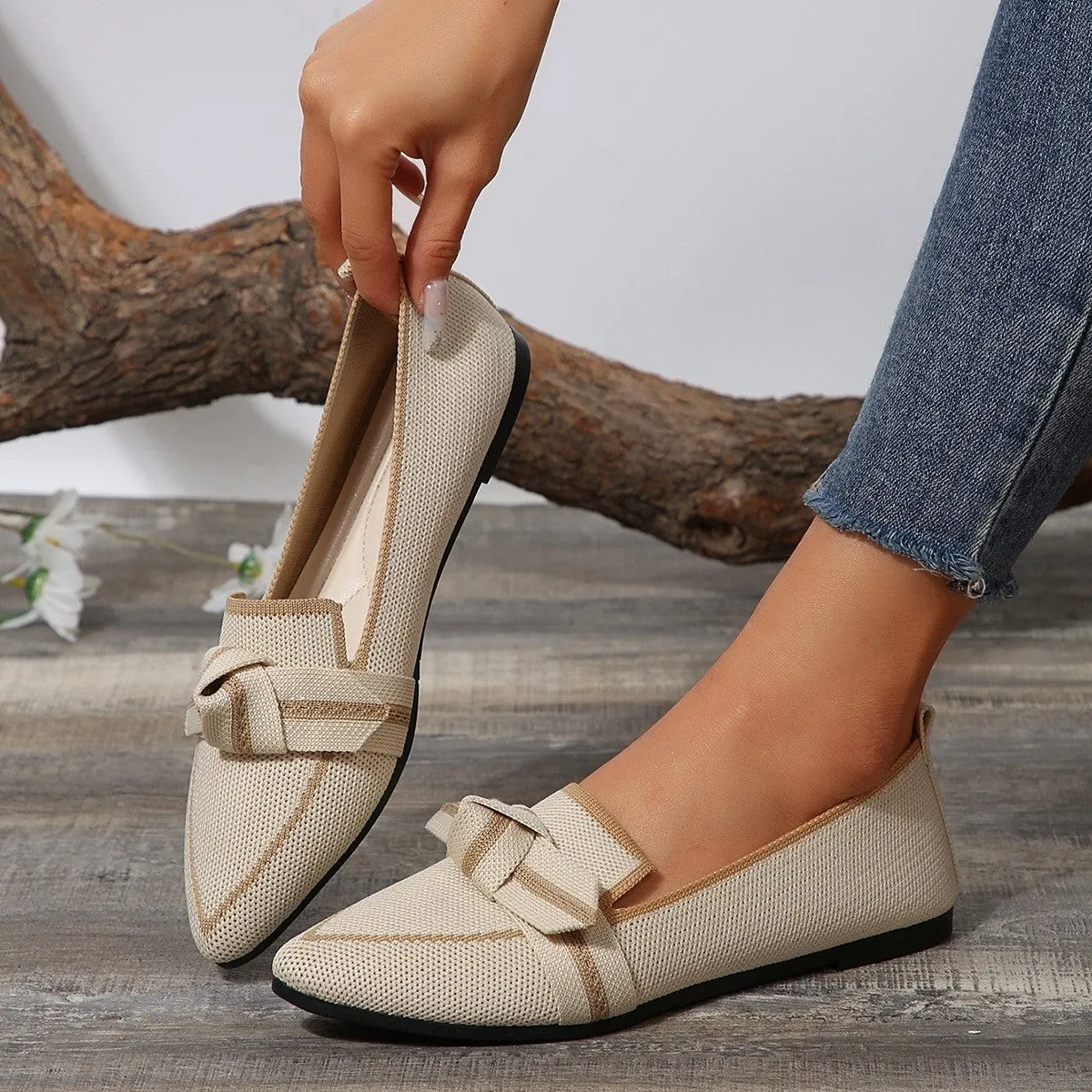 Pointed Knot Bow Top Ballet Flat Casual Loafer Contrast Color Slip-on Shoes