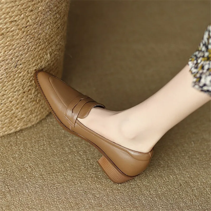 Purpdrank - 2023 New Spring/summer Women Shoes Sheep Leather Women Pumps Pointed Toe Chunky Heel Loafers Shoes for Women Low Heels Handmade