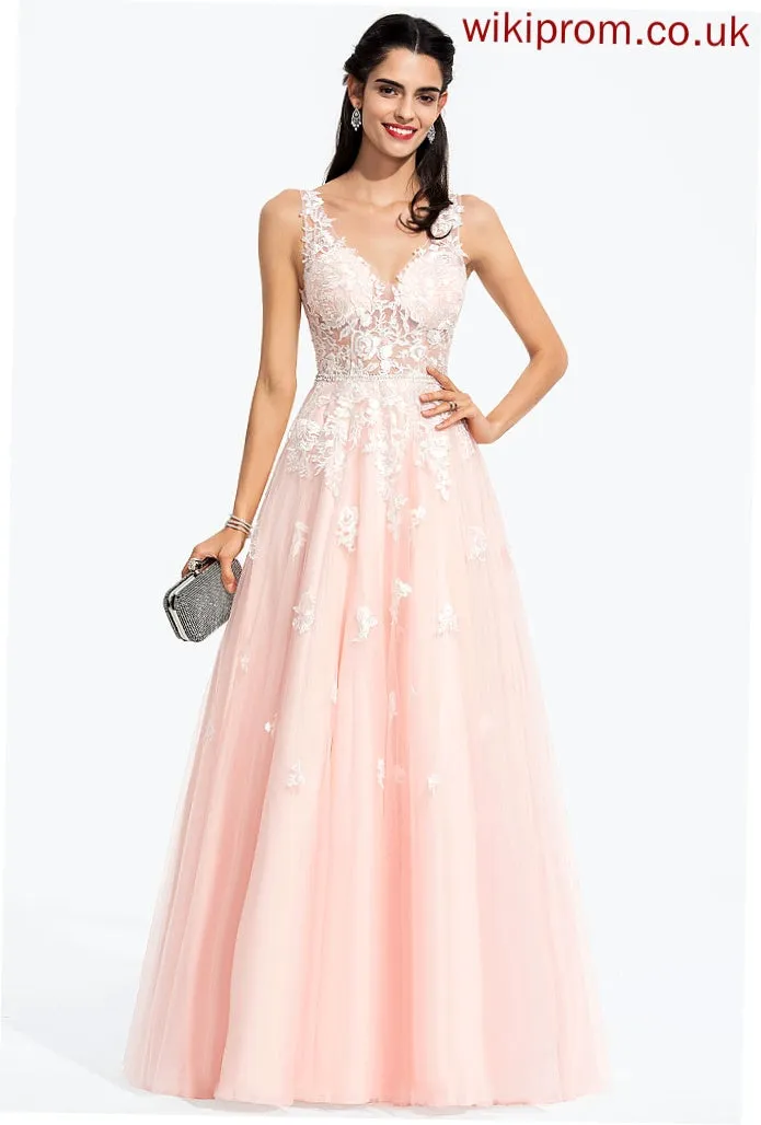 Sequins Tulle Prom Dresses Floor-Length Samara Beading Ball-Gown/Princess Lace V-neck With