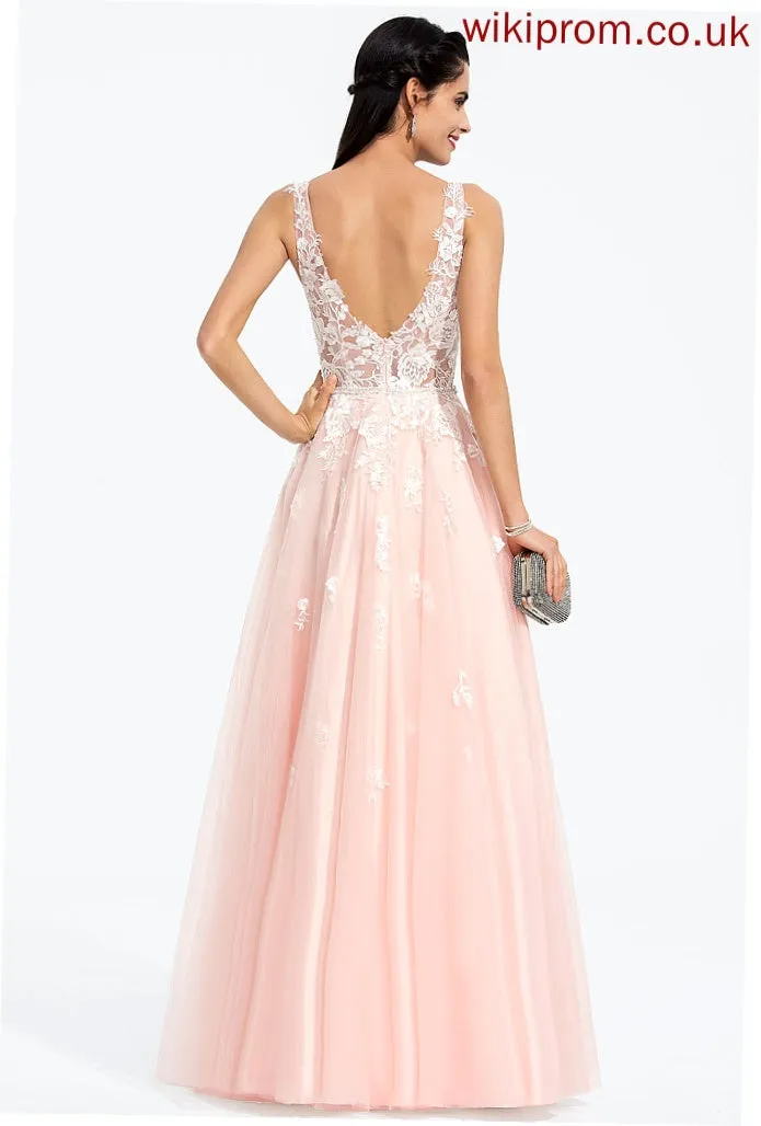 Sequins Tulle Prom Dresses Floor-Length Samara Beading Ball-Gown/Princess Lace V-neck With