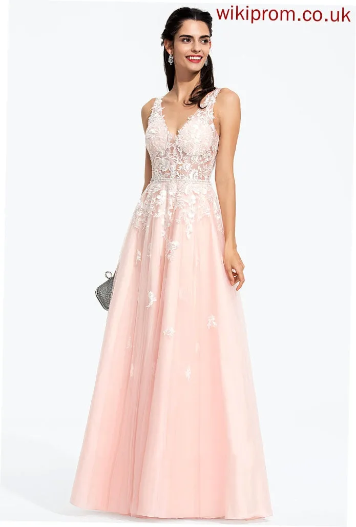 Sequins Tulle Prom Dresses Floor-Length Samara Beading Ball-Gown/Princess Lace V-neck With