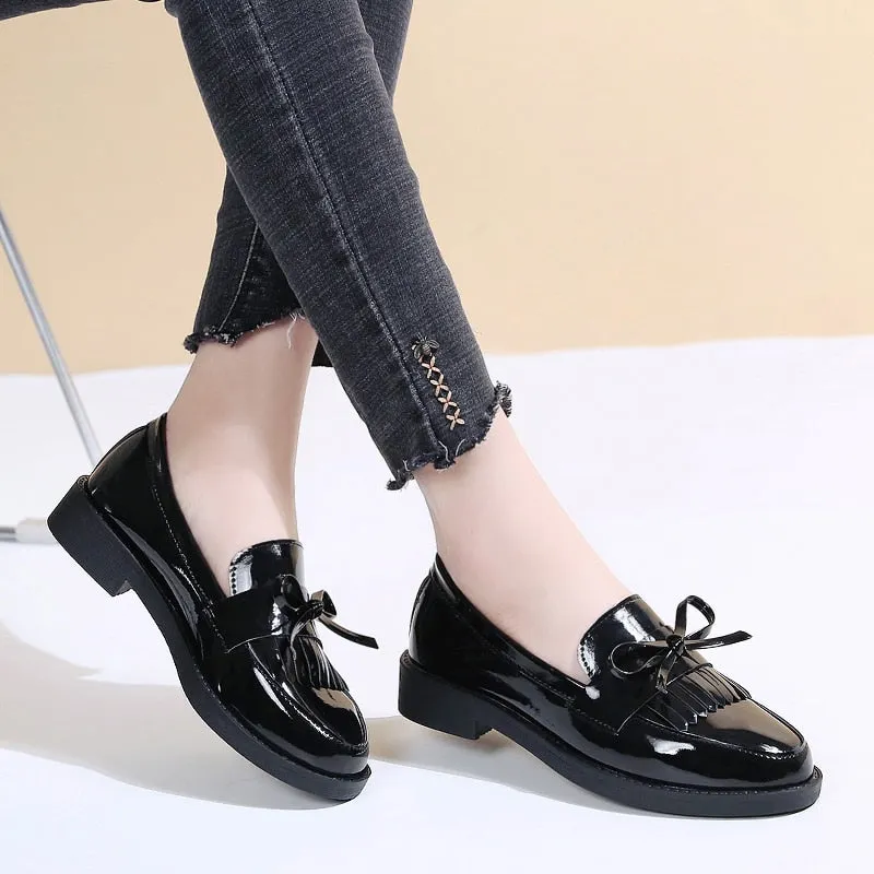 Spring Flats Women Shoes Bowtie Loafers Patent Leather Women's Low Heels Slip On Footwear Female Pointed Toe Thick Heel