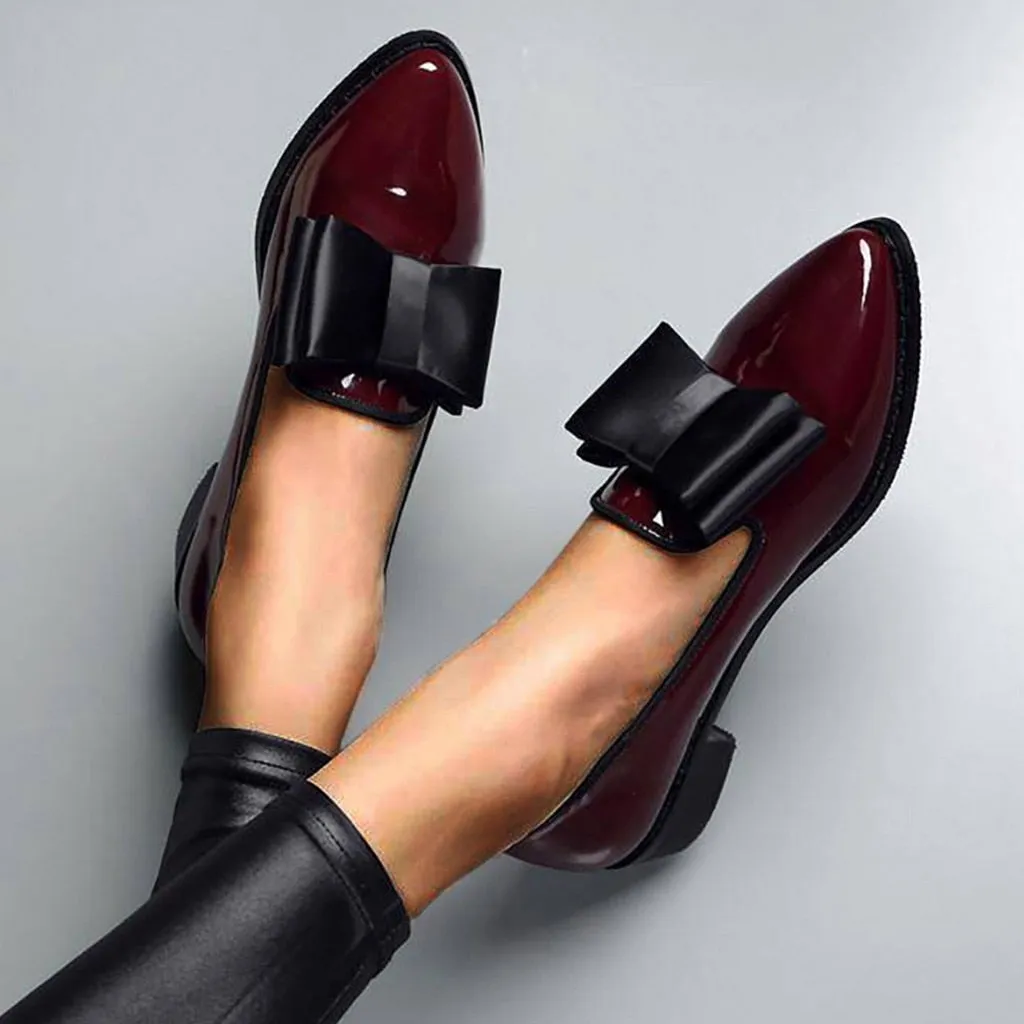 Spring Flats Women Shoes Bowtie Loafers Patent Leather Women's Low Heels Slip On Footwear Female Pointed Toe Thick Heel