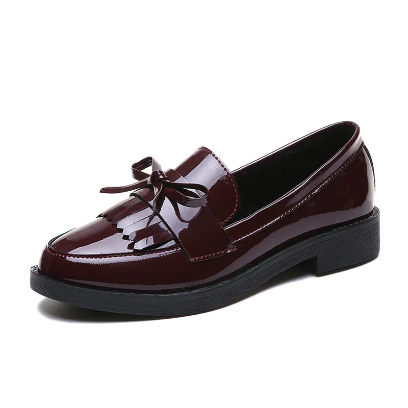 Spring Flats Women Shoes Bowtie Loafers Patent Leather Women's Low Heels Slip On Footwear Female Pointed Toe Thick Heel