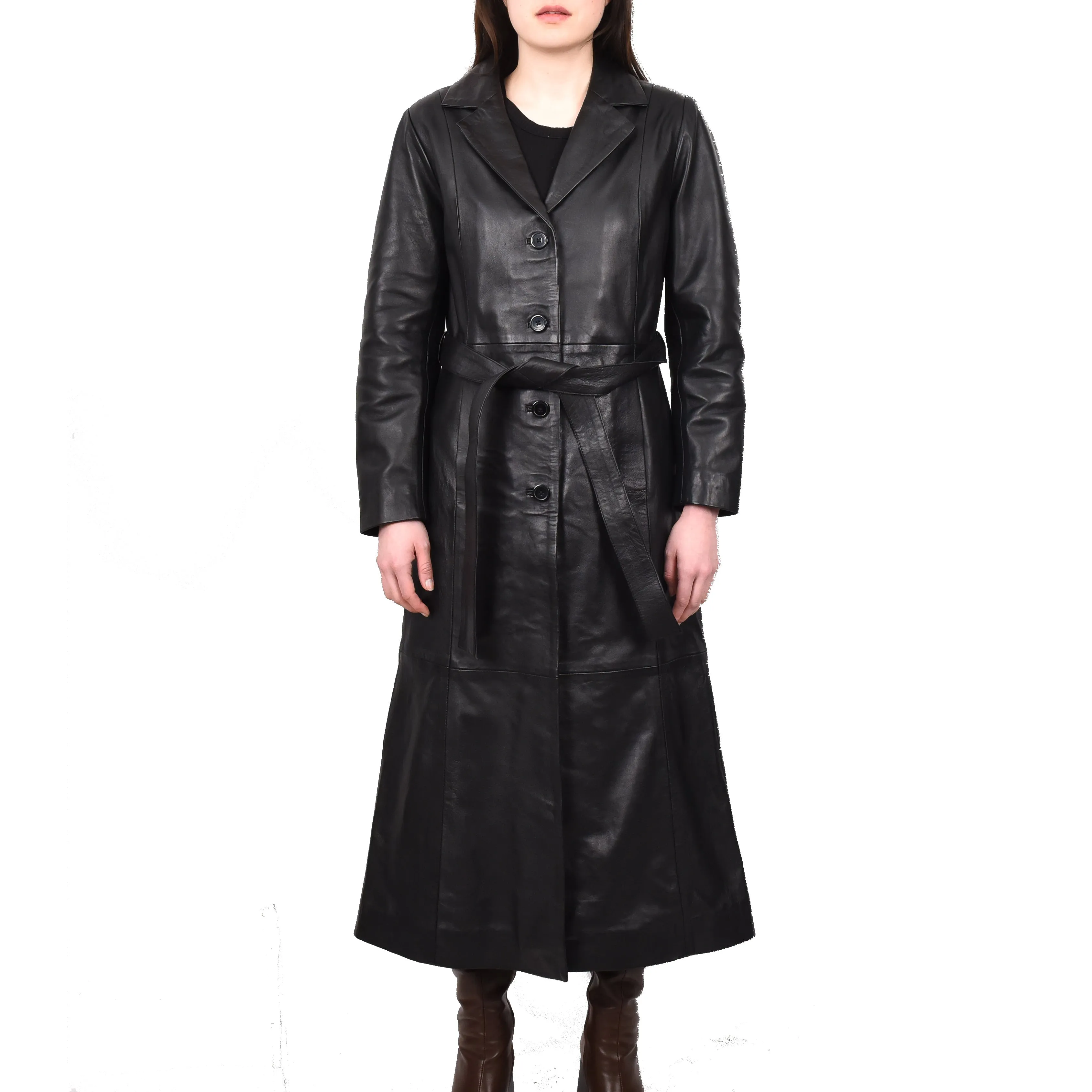 Women's Real Leather Classic Full Length Long Coat Winter Black Ravenrobe
