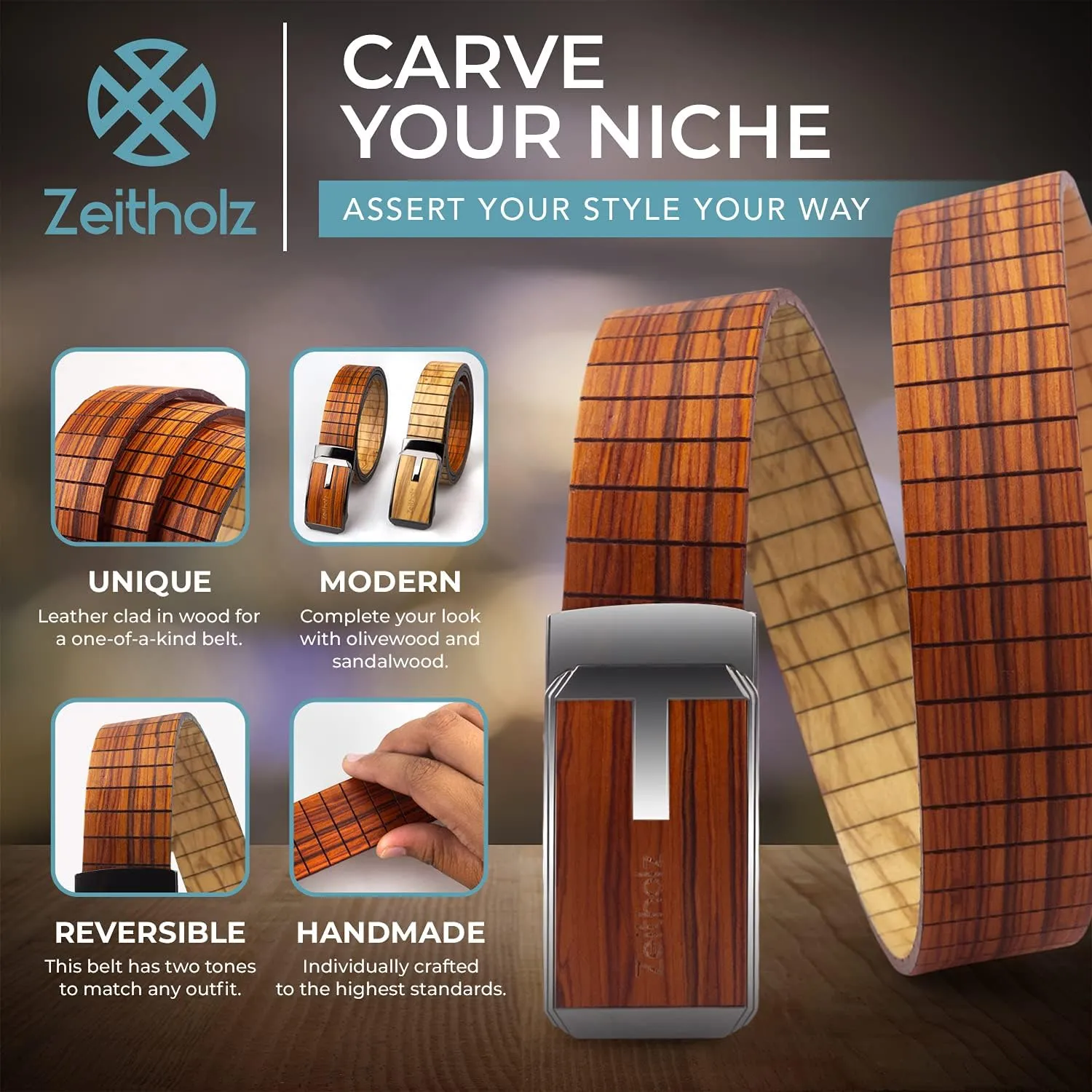 Zeitholz Wooden Belt for Men with Automatic Buckle - Reversible, Olive wood and Sandalwood, for waists up to 50 inches.