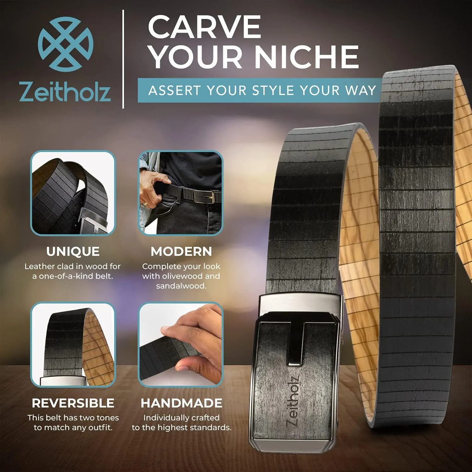 Zeitholz Wooden Belt for Men with Automatic Buckle - Reversible, Olive wood and Sandalwood, for waists up to 50 inches.